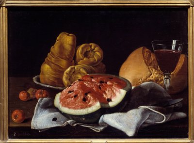 Watermeloen, brood, cake en wijnglas. door Luis Egidio Menendez or Melendez