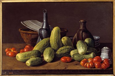 Stilleven: komkommers, tomaten en containers door Luis Egidio Menendez or Melendez