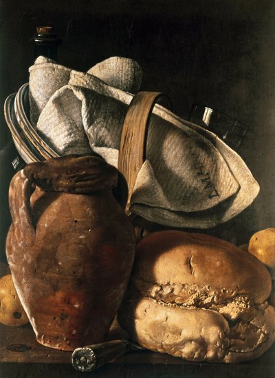 Stilleven met theedoek, kruik en brood door Luis Egidio Menendez or Melendez