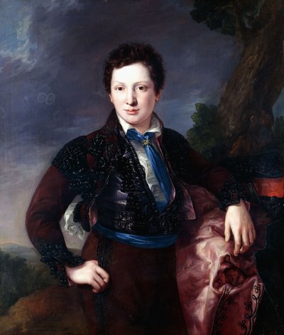 Portret van Don Matias Edmundo Tirel y Gomez de las Casas, de toekomstige tweede markies van Ulagares en burggraaf van Castel Ruiz, staand driekwart lengte gekleed als een Majo, 1833 door Luis Lopez Piquer