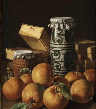 Stilleven met sinaasappels, potten en dozen met snoep door Luis Egidio Melendez