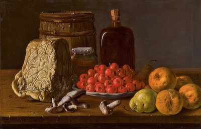 Stilleven met een bord met azarol-appels, fruit, paddenstoelen en kaas door Luis Egidio Melendez