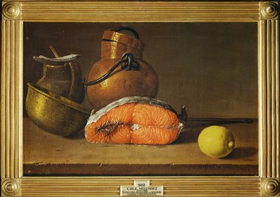 Stilleven met een stuk zalm, een citroen en drie vaten (schilderij op doek) door Luis Menendez or Melendez