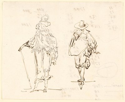Twee figuren, de een gekleed in Franse Lodewijk XIII-stijl en de ander in Spaanse Zeventiende-eeuwse stijl door Luis Paret y Alcazar