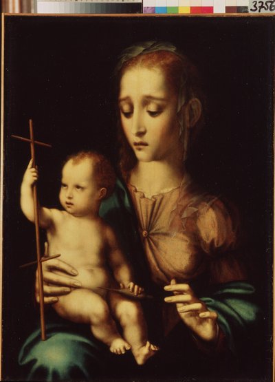 Madonna en kind met een spinrokken door Luis de Morales