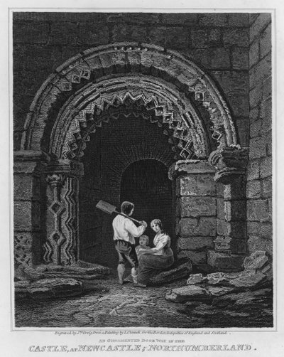 Een versierde deur in het kasteel, in Newcastle, Northumberland door Luke (after) Clennell