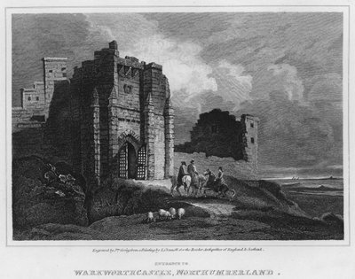 Ingang van Warkworth Castle, Northumberland (gravure) door Luke (after) Clennell