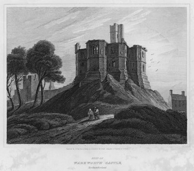 Keep van Warkworth Castle, Northumberland (gravure) door Luke (after) Clennell