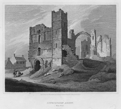 Lindisfarn Abbey, westfront (gravure) door Luke (after) Clennell
