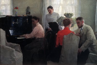 De vrijer (een jonge man maakt het hof onder toezicht van twee vrouwen, waarvan een piano speelt) door Lukjan Vasilievich Popov
