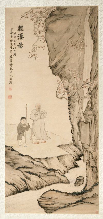 Geleerde die naar de waterval kijkt, 1764 door Luo Ping