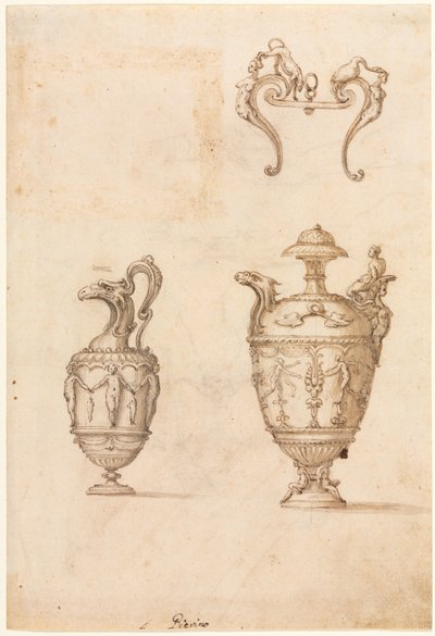Ontwerp voor twee vazen en een ornament (recto) door Luzio Romano