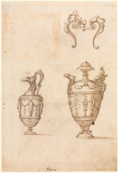 Ontwerp voor twee vazen en een ornament recto, midden 1500s door Luzio Romano