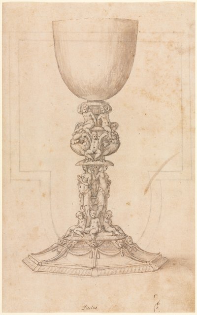 Ontwerp voor een kelk recto Architecturaal plan verso, midden 1500s door Luzio Romano