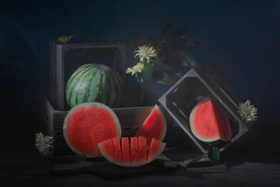 Stilleven met watermeloen in sombere sfeer door Lydia Jacobs