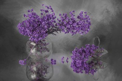 Weerspiegeling van paarse bloesems door Lydia Jacobs