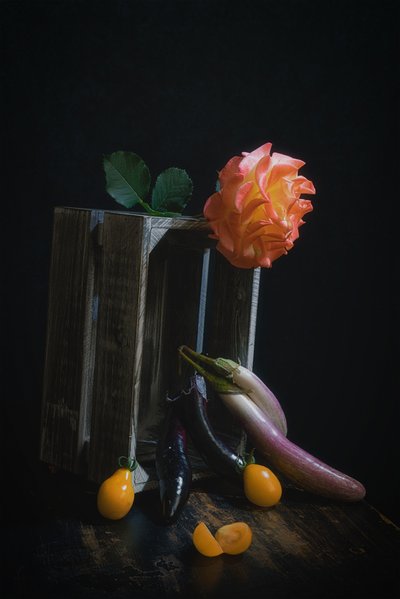 Stilleven met rozen en groenten en fruit door Lydia Jacobs