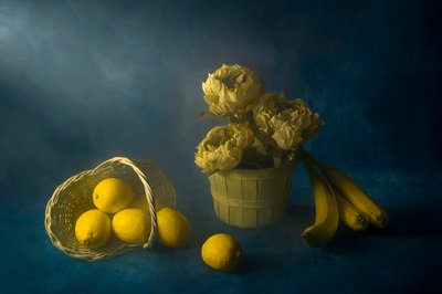 Gele bloemen en citroenen door Lydia Jacobs