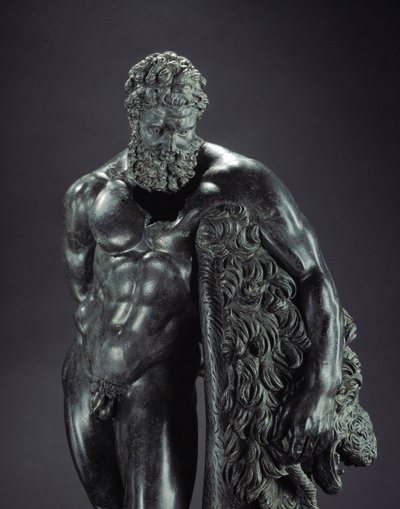 Griekse kunst: Herakles in rust. (detail) Bronzen beeld van Lysippos van Sicyone. 4e eeuw v.Chr. Van het heiligdom van Ercole Curino, Sulmona. Museo Nazionale Archeologico, Chieti, Italië door Lysippos (attributed to)