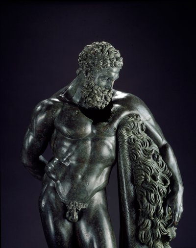 Griekse kunst: Herakles rustend (detail). Bronzen sculptuur van Lysippe van Sicyone (395-305 v.Chr.) 4e eeuw v.Chr. Uit het heiligdom van Ercole Curino, Sulmona. Museo Nazionale Archeologico, Chieti, Italië door Lysippos (attributed to)
