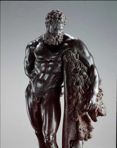 Griekse kunst: Herakles in rust. (detail) Bronzen beeld van Lysippos van Sicyone. 4e eeuw v.Chr. Van het heiligdom van Ercole Curino, Sulmona. Museo Nazionale Archeologico, Chieti, Italië door Lysippos (attributed to)