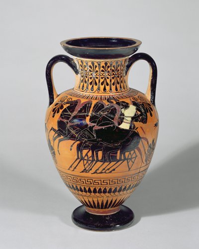 Attische zwartfigurige amfoor die een wagen met wielen afbeeldt, 520-500 v.Chr. door Lysippos