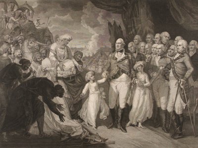 De Markies Cornwallis ontvangt de gijzelaar prinsen, zonen van Tippoo Sultan door M. (after) Brown