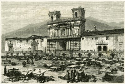 De kathedraal van Quito (hoofdstad van het huidige Ecuador) en het populaire vermaak op het plein. Gravure door Clerget en Ferdinandus, ter illustratie van het verhaal 