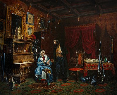 Interieur van een antiquair kamer met middeleeuwse meubels, ca. 1838-46 door M. (after) Renoux