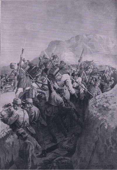 Mislukte aanval door de Italianen op de hoogten van Doberdo, uit De Geïllustreerde Geschiedenis van de Wereldoorlog 1914-1915, uitgegeven door Union Berlagsefellfchaft door M. Barascudts