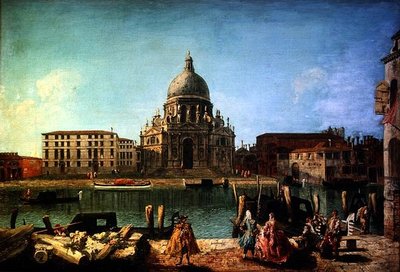 S. Maria della Salute vanaf de Rio de San Moise, Venetië, met adel en gondeliers op de voorgrond door M. and Guardi G.A. Marieschi