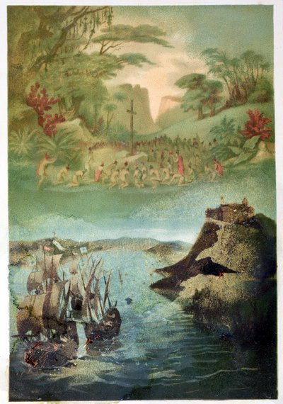 De Evangelisatie van de Indiaanse Bevolking en de Reis van Christoffel Columbus, 1892 door M. Houssot
