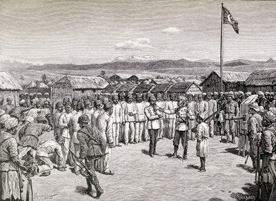 Sir Henry Morton Stanley spreekt rebellerende officieren toe in Kavalli, 1890 door M. Schonberg