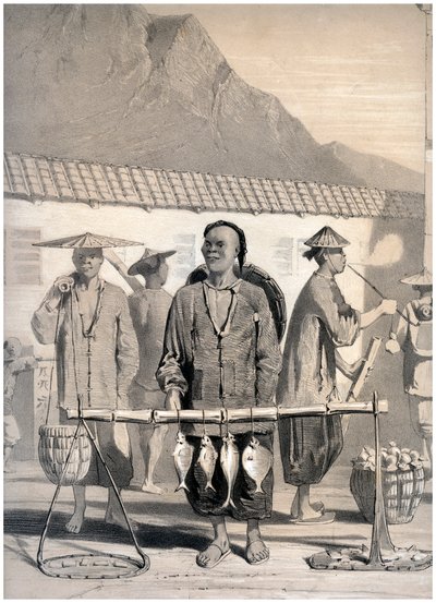 Vishandelaren, Victoria Street, Hong Kong, China, ca. 1860 door M and N Hanhart