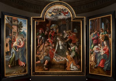 Aanbidding der Wijzen, drieluik, centraal paneel, detail door Maarten de Vos