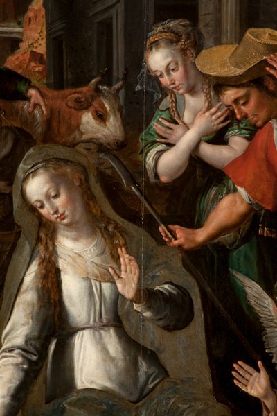 Aanbidding der Wijzen, Drieluik, Centraal paneel, detail, schilderij op hout door Maarten de Vos