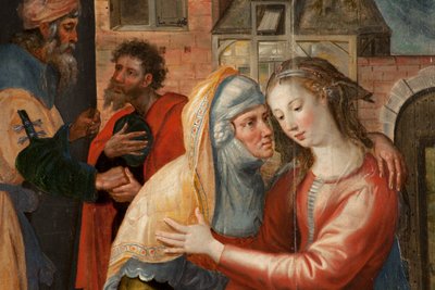 Aanbidding der Wijzen, drieluik, linker paneel: Het leven van de Heilige Maagd, detail door Maarten de Vos