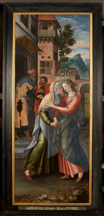 Aanbidding der Wijzen, drieluik, linker paneel: Leven van de Heilige Maagd (detail) door Maarten de Vos