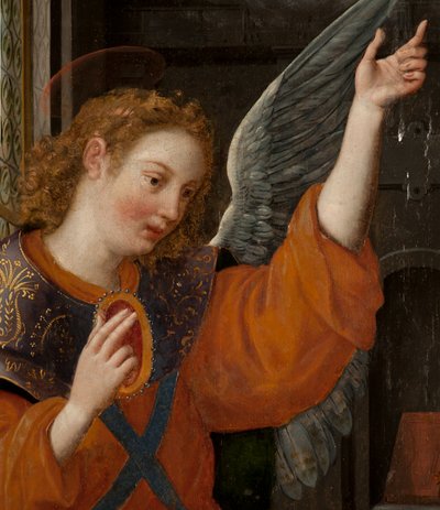 Aanbidding der Wijzen, drieluik, linker paneel, achterkant, detail door Maarten de Vos
