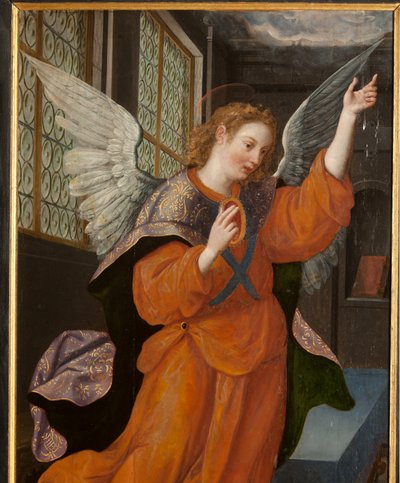 Aanbidding der Wijzen, drieluik, linker paneel, achterkant, detail door Maarten de Vos