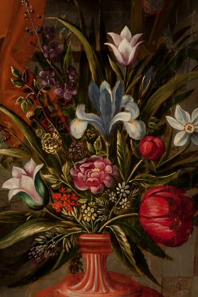 Aanbidding der Wijzen, drieluik, linker paneel, achterkant (detail) door Maarten de Vos