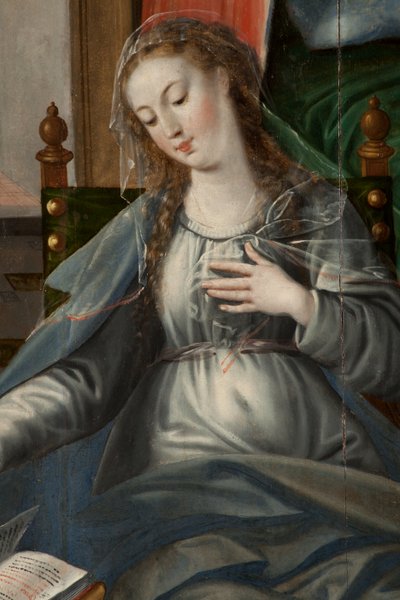 Aanbidding der Wijzen, drieluik, rechter paneel achterkant, detail door Maarten de Vos
