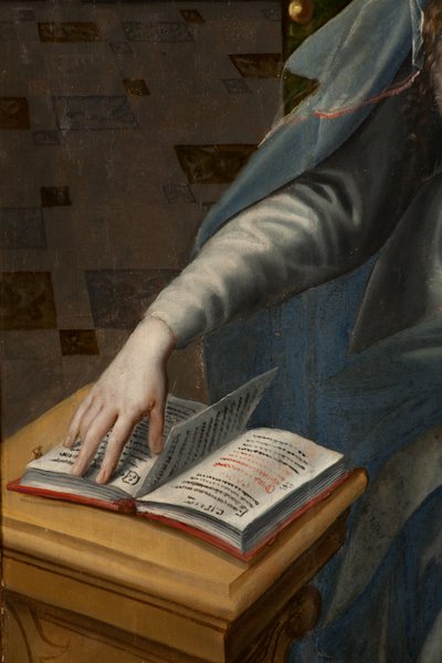Aanbidding der Wijzen, drieluik, rechterpaneel achterkant, detail door Maarten de Vos
