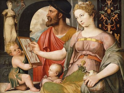 Een allegorie van schilderkunst: Pictura maakt een tekening naar de antieken door Maarten de Vos
