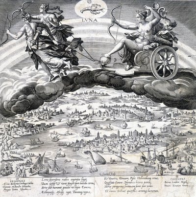 Luna: allegorie van de Maan (Diana) en de Schorpioen die onder haar invloed staat (teken van de Dierenriem) - gravure door Maaerten de Vos (Martin de Vos, Marten de Vos) (1532-1603), n.d. door Maarten de Vos