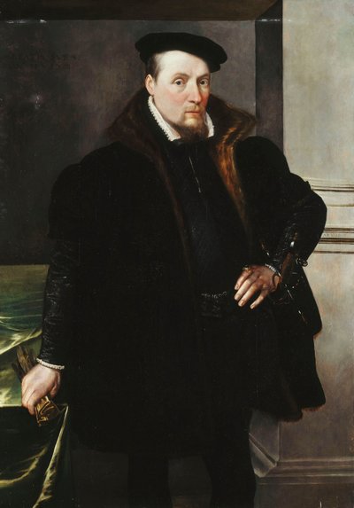 Portret van een heer, driekwart lengte, in een zwarte jas met bontvoering, 1551 door Maarten de Vos