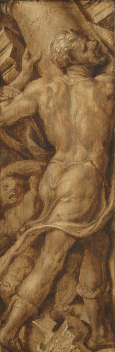 Simson vernietigt de zuilen van de tempel door Maarten van Heemskerck (signed by artist)