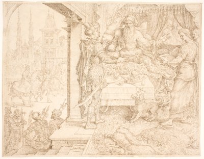 Ahasverus raadpleegt Haman door Maarten van Heemskerck