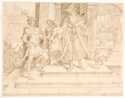 Ahasverus geeft de zegelring aan Haman door Maarten van Heemskerck