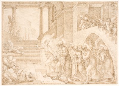 De apostelen worden door een engel uit de gevangenis bevrijd door Maarten van Heemskerck